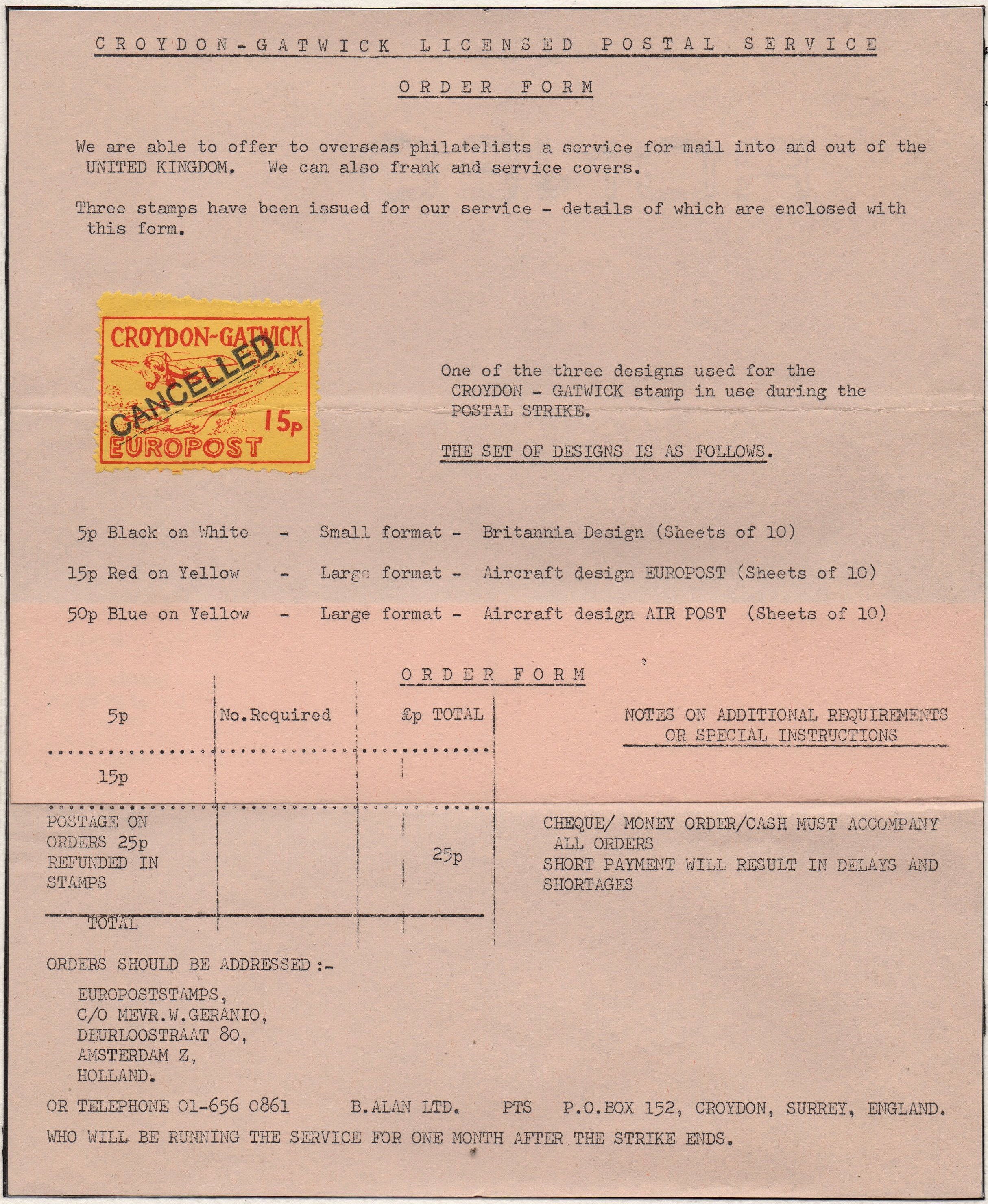 Croydon Gatwick Strike Post Stamps 1971 15p Concorde design, philatelic order form